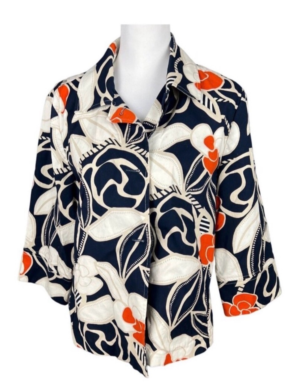 Chico's Size 1 Blue, Orange & White Floral Print Button Front Cotton Jacket